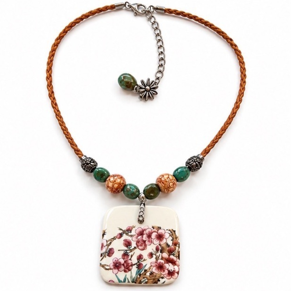 Cherry Blossom Ceramic Tile Pendant Necklace Boho Braided Cord Resin Beads